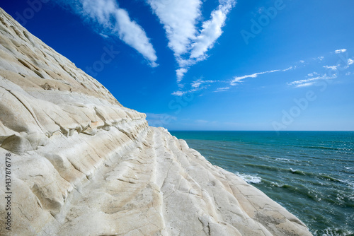 Fototapeta Naklejka Na Ścianę i Meble -  Detail of the famous white stepped rock at the Scala dei Turchi in Agrigento, Sicily, Italy, with summer light