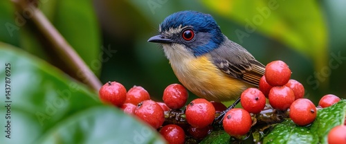 Blue-crowned Warbler Feeding on Berries photo