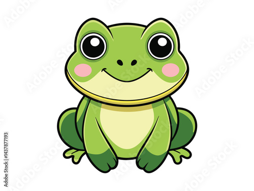 A funny green frog cartoon vector illustration depicts a cute amphibian character with a happy smile