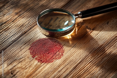 A red fingerprint on a wooden surface is examined with a magnifying glass, suggesting forensic investigation.