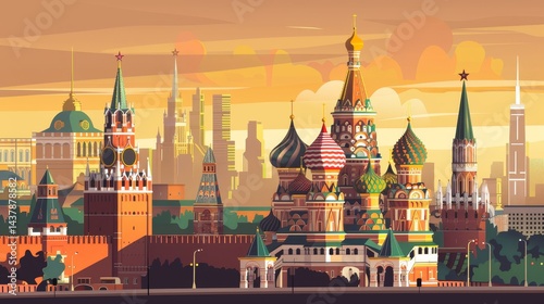 Cartoon vector skyline of Moscow Kremlin with St. Basil's Cathedral, colorful domes and golden turrets against dusk orange sky