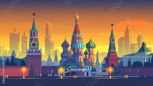 Cartoon vector skyline of Moscow Kremlin with St. Basil's Cathedral, colorful domes and golden turrets against dusk orange sky
