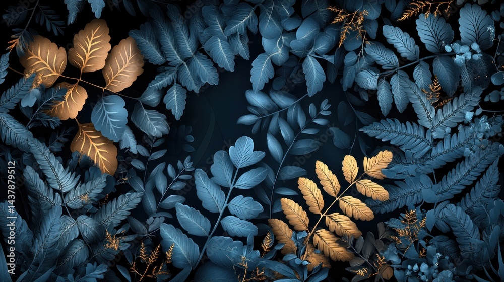 Obraz premium Dark Teal & Gold Foliage Pattern