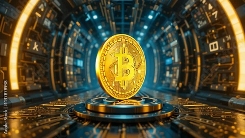 Golden Coin Symbolizing Digital Currency on Futuristic Platform