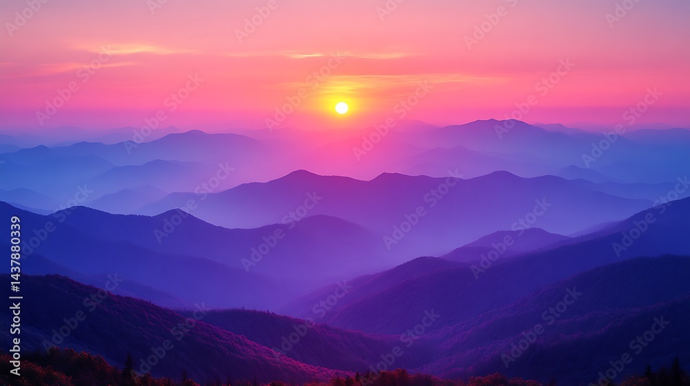 Fototapeta premium Sunset over layered mountains.