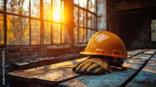 Construction helmet and gloves resting on a wooden table in an abandoned industrial setting