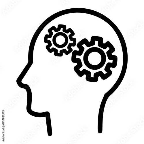 Profile outline of a head containing two interlocking gears. Symbolizing thinking, problem-solving, and the mechanics of the mind. Minimalist black and white graphic