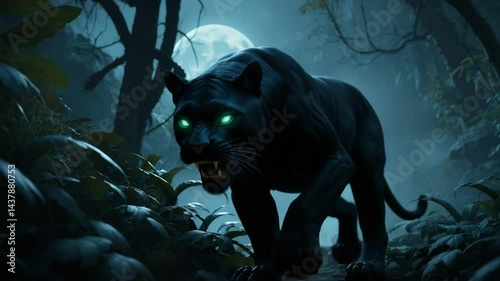 Black Cat Walking at Night in Jungle with Glowing Eyes and Full Moon
