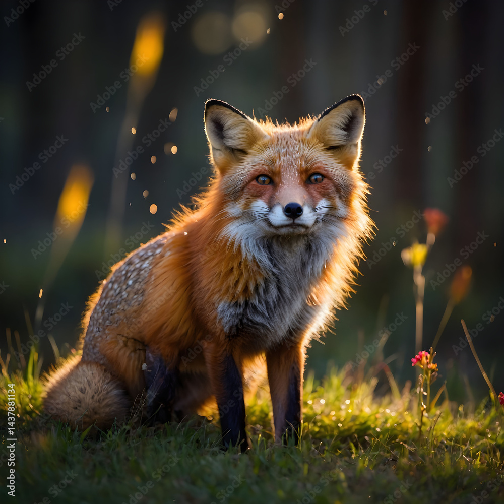 Fototapeta premium A Striking Red Fox with Bushy Tail and Alert Eyes Seated Amongst Dew-Kissed Green Grass and Wildflowers Under the Soft Glow of Early Morning Sunlight