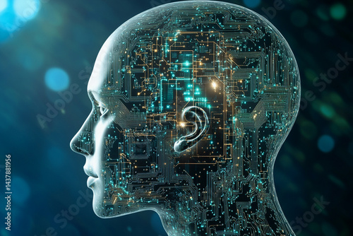 Realistic Artificial intelligence. Computer mind connections head. Human head with circuit board inside. Engineering concept. Technology web background. Virtual concept photo