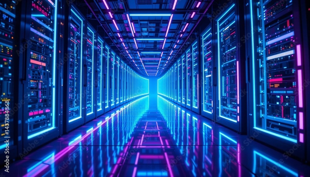 Fototapeta premium Futuristic Data Stream in Server Room with Neon Light Trails and Digital Technology.