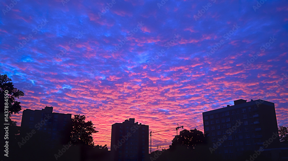 Fototapeta premium stunning sunset with vibrant colors illuminating sky, silhouetting buildings