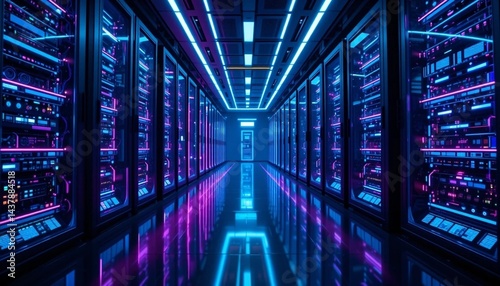 Futuristic Data Stream in Server Room with Neon Light Trails and Digital Technology.