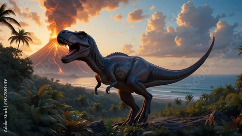 Dinosaur Roaring near Erupting Volcano in Jungle Setting