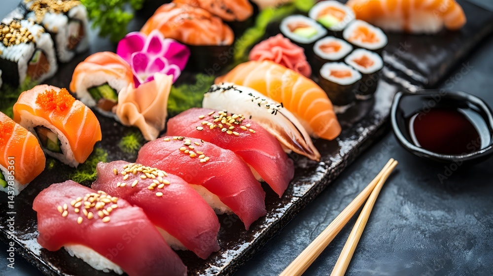 Authentic Japanese Sushi Platter with Fresh Sashimi and Soy Sauce
