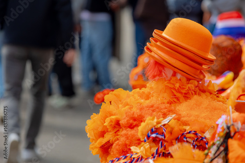 Photography Colourful of King’s Day (Koningsdag in Dutch) Free market on street with blur pe