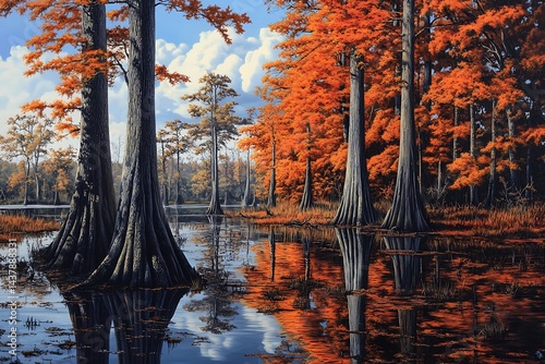 A serene view of a cypress tree adorned with hanging moss, its branches draped in vibrant orange and red autumn leaves, evoking a peaceful, picturesque landscape.