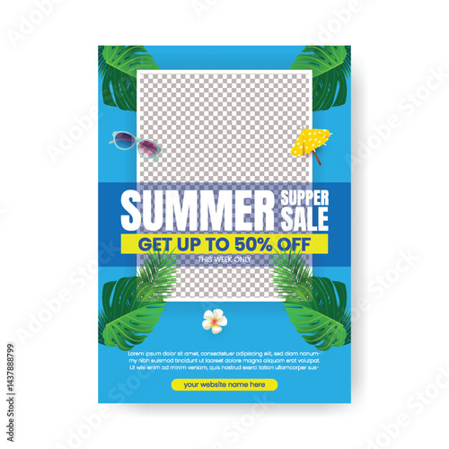 Editable print flyer or poster for summer sale, tropical summer beach pool party a4 size vertical poster design with tropical summer vector background, summer Holiday and tour poster or flyer