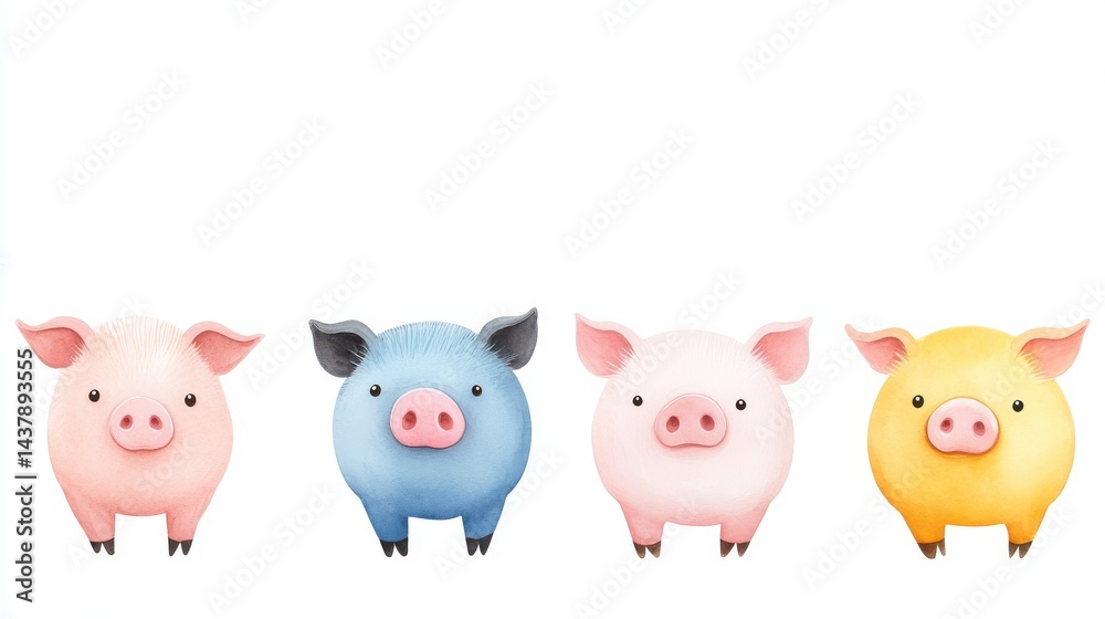Obraz premium A charming collection of four adorable watercolor pig illustrations walking on a mud background perfect for kids books, greeting cards, or playful designs featu pink, blue, and