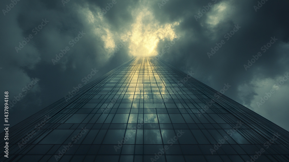 low angle view of skyscraper reaching towards cloudy sky, evoking sense of awe and ambition low angle view of skyscraper reaching towards cloudy sky, evoking sense of awe and ambition