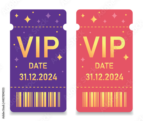 Two VIP tickets with barcode vector flat in vintage style, simple style, bright palette purple and pink background