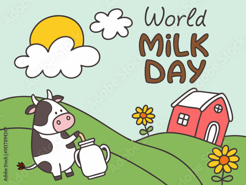 World Milk Day with Cow and Barn Cartoon Illustration.