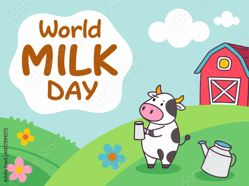 World Milk Day with Cow and Barn Cartoon Illustration.