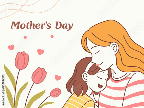 Mother's Day Mother and Child Embrace with Tulips Illustration.