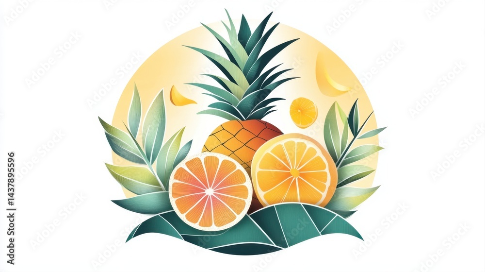 Naklejka premium Colorful Tropical Fruit Composition with Pineapple, Oranges, and Green Leaves on a Bright Background