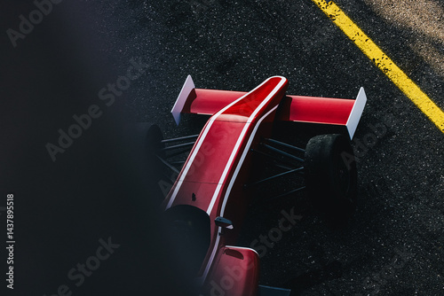 Formula race car in box, red sports car, circuit track, top view