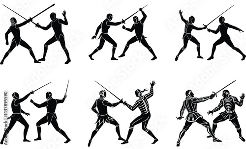 Fencing duel silhouette black vector art design on white background