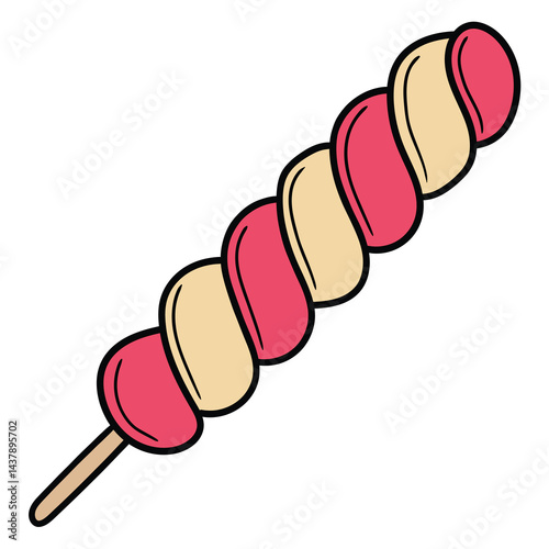 Hand drawn cartoon spiral marshmallow on a stick on a white background.