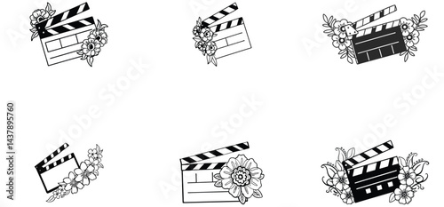 Film card flower decorate unique hand drawn line art silhouette vector set design