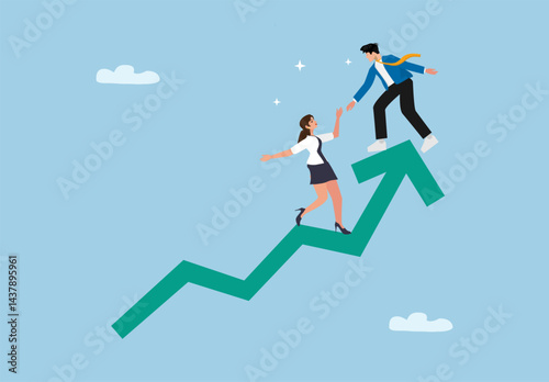 Business Teamwork Helping Each Other to Achieve Success and Growth Concept, Illustration of Two Young Professionals Supporting on an Upward Arrow Graph Representing Business Development and Leadership
