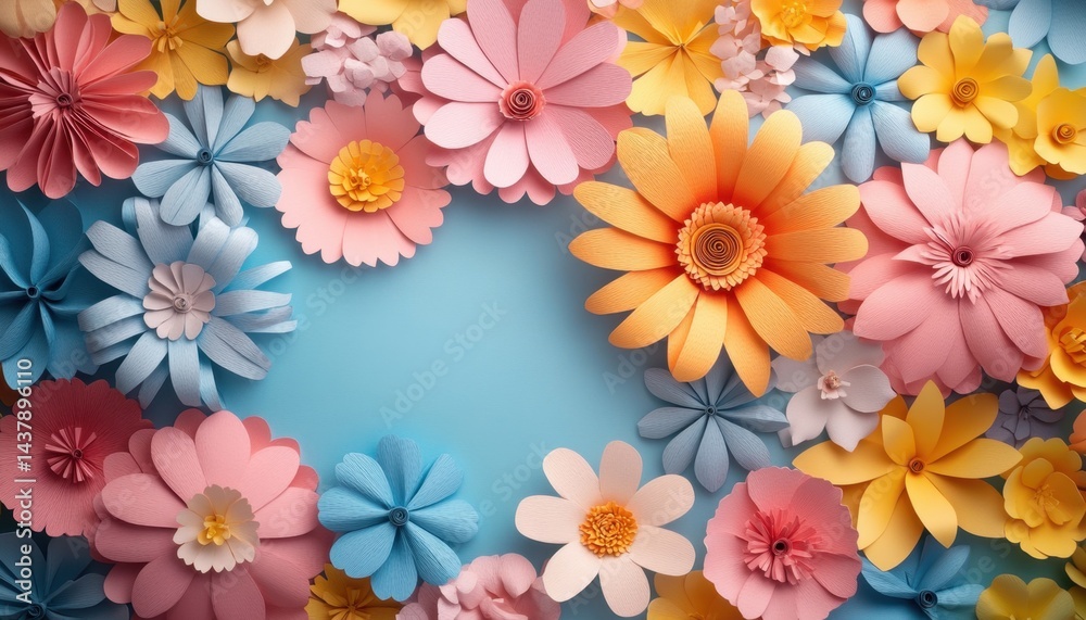 Obraz premium Colorful paper flower decoration evokes the essence of spring and summer vibes with vibrant hues and playful designs