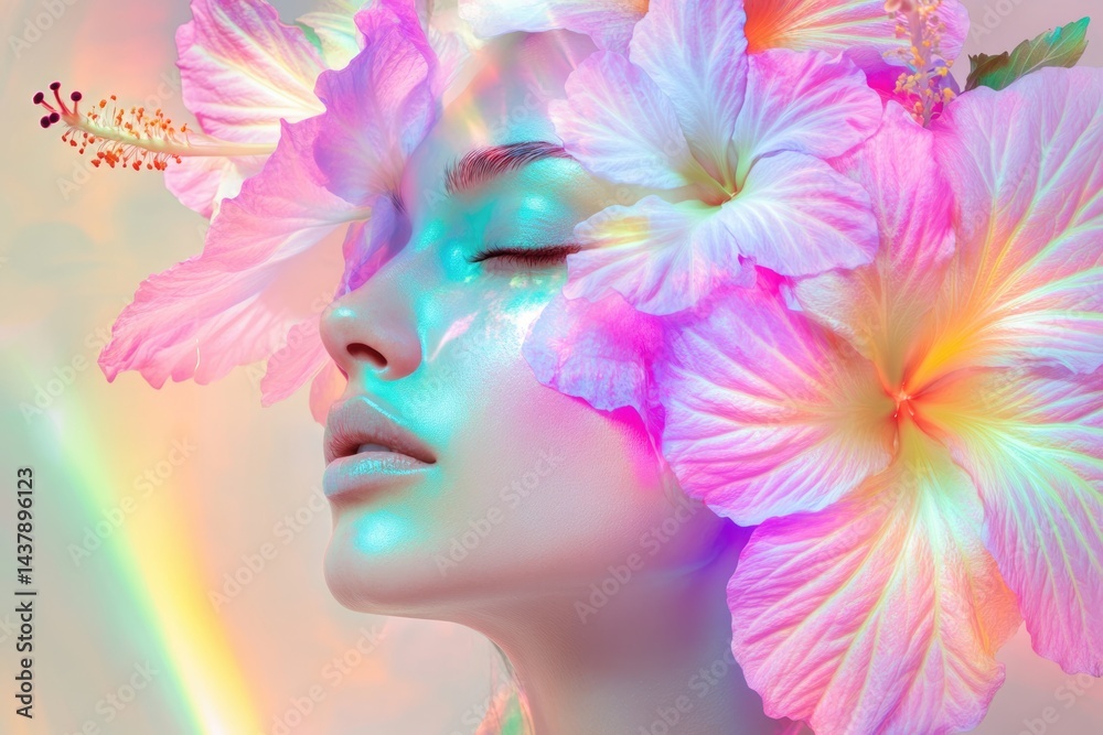Naklejka premium A serene face adorned with blossoms, bathed in soft light, evoking beauty and tranquility.