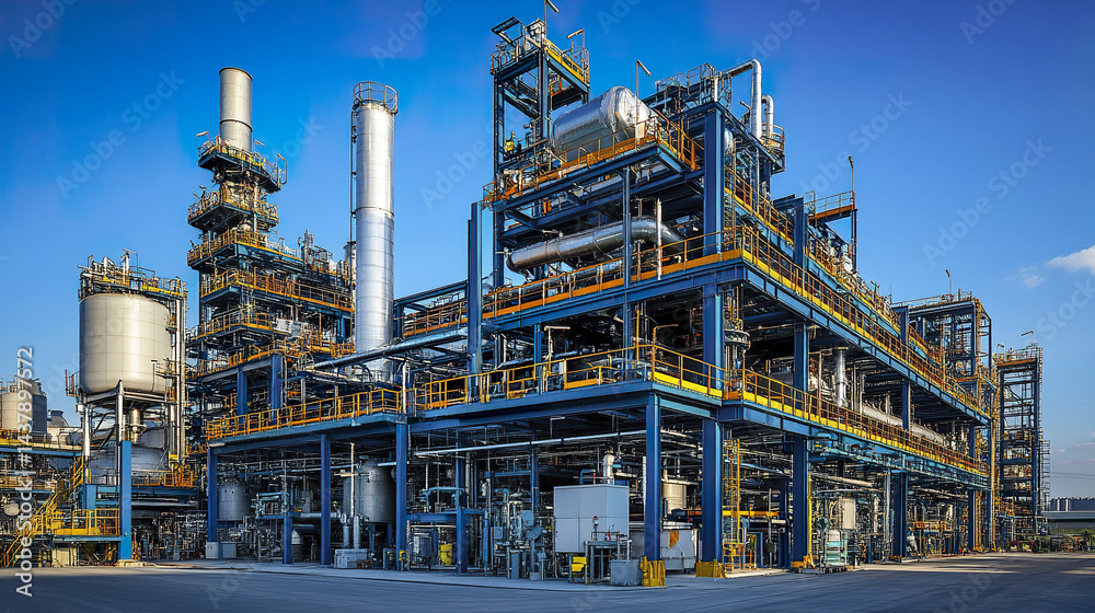 Modern industrial factory with complex framework and bright blue sky Modern industrial factory with complex framework and bright blue sky