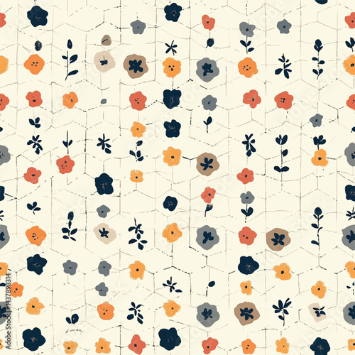 Hexagonal grid pattern with tiny floral elements scattered throughout.Minimalist modern geo ornament. Hexagon shapes all over print block for apparel textile, fabric, ladieswear, wrapping cloth.