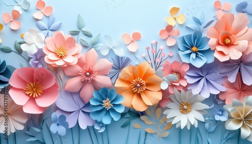 Wallpaper Mural Colorful paper flowers creating a vibrant, whimsical arrangement against a soft blue background for artistic inspiration Torontodigital.ca