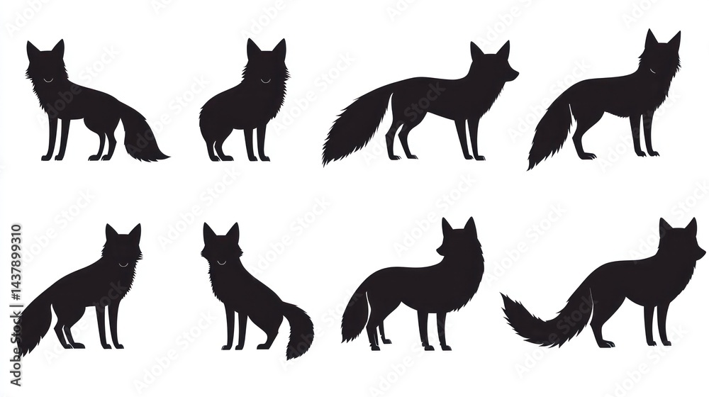 Obraz premium Fox silhouettes, various poses, white background, wildlife illustration