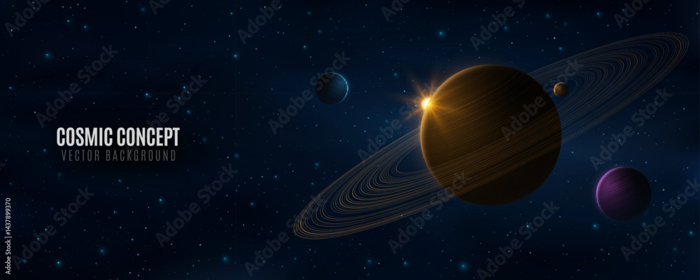 Naklejka premium Galaxy background with planets and sunlight against the backdrop of shining stars. Planet Saturn with ring around. Starry night sky. Abstract deep cosmos. Black outer space. Vector illustration