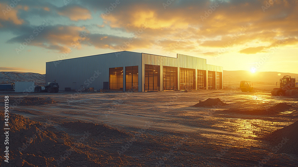 Fototapeta premium Partially built warehouse structure with dirt ground and sunset lighting, creating serene