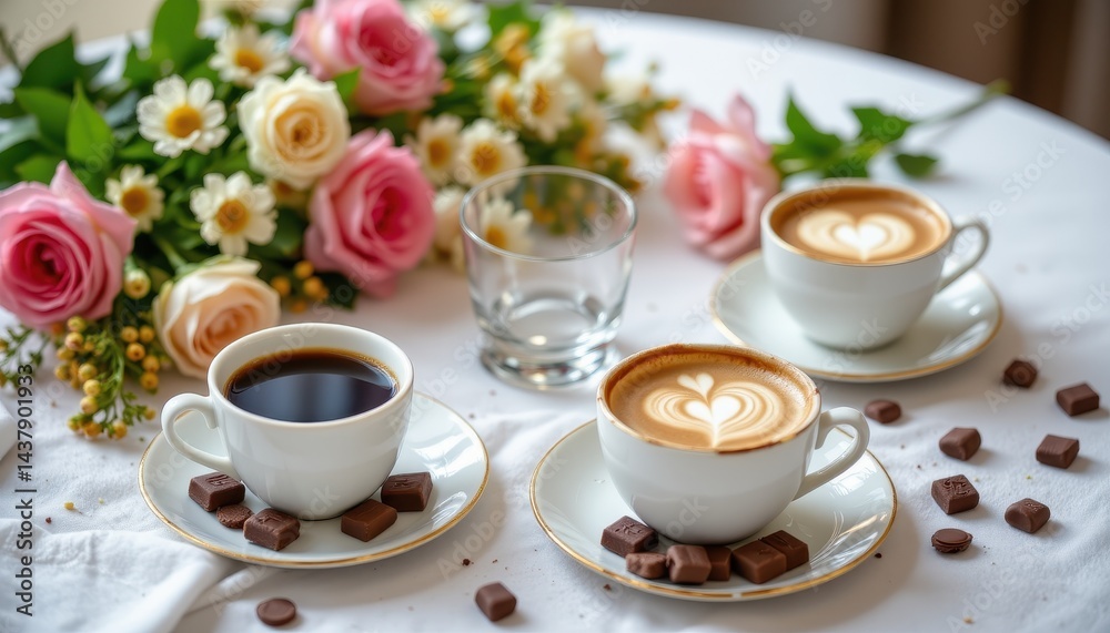 Fototapeta premium Elegant table setting featuring aromatic coffee, creamy chocolate, and fresh flowers
