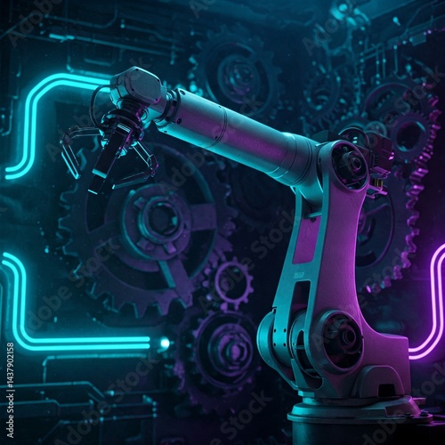 Industrial robot arm high-tech background gears glowing lines
