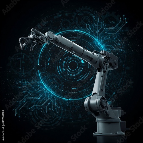 Industrial robot arm tech background gears glowing lines robotics