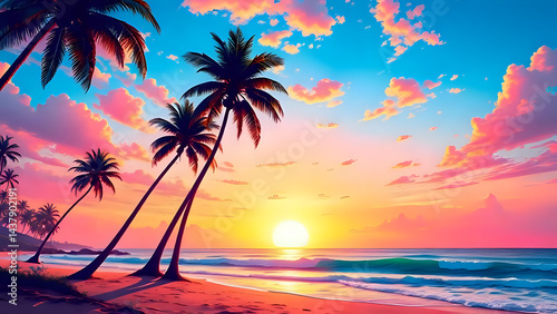 Colorful Tropical Sunset on the Beach, Bright Sky with Shades of Pink, Orange and Blue, Tall Curved Palm Trees in the Foreground, Calm Ocean Waves, Sun Reflection on the Water