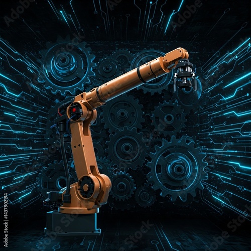 Industrial robot arm tech background gears glowing lines robotics