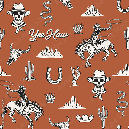 A seamless Western-themed vector pattern featuring cowboy skulls, rodeo riders, cacti, horseshoes, and desert landscapes.