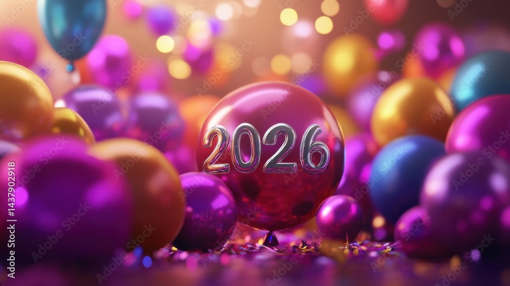 Fototapeta premium Celebration scene with bouncing colorful balloons and glowing silver floating in the air