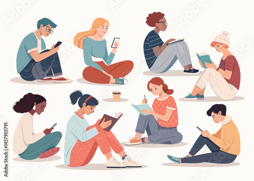 Illustration of diverse people sitting reading books and using phones in a casual and relaxed setting